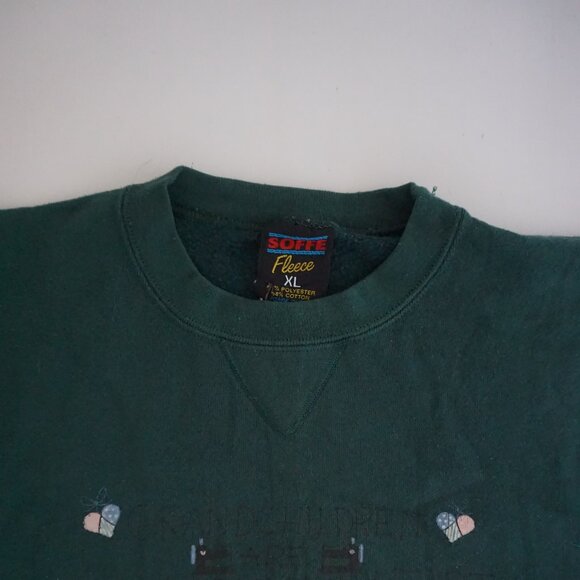 Vintage Green Soffe Sweatshirt Rag Doll Folksy Patchwork Hearts Graphic XL - Picture 9 of 11